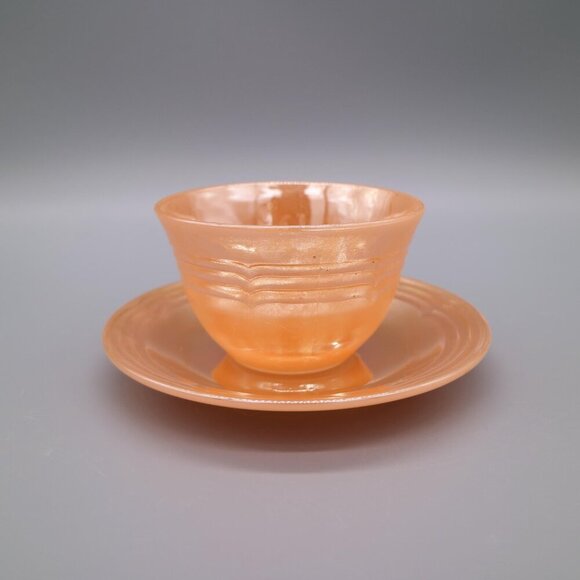 Vintage Anchor Hocking Fire King Peach Lustre Teacup and Saucer Sets Three Ring - Picture 3 of 7